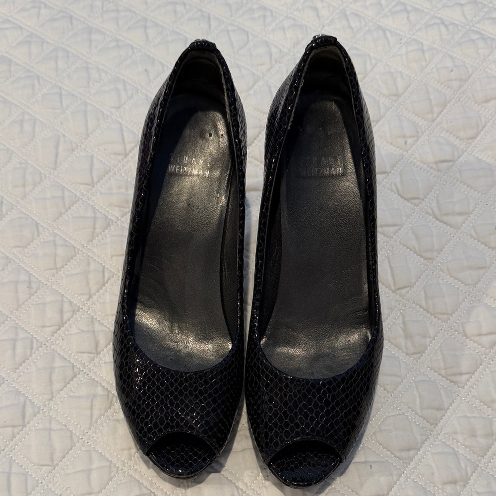 Stuart Weitzman Black Patent Python Peep-Toe Heels - image 1